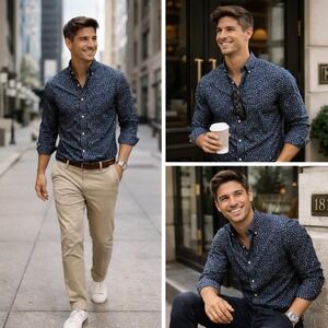 NWT Denim & Flower Ricky Singh Mens Blue Floral Stretch Button Down Shirt L